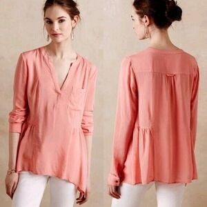 Anthro Maeve Laiken Popover Henley Peplum Blouse in Peach Coral